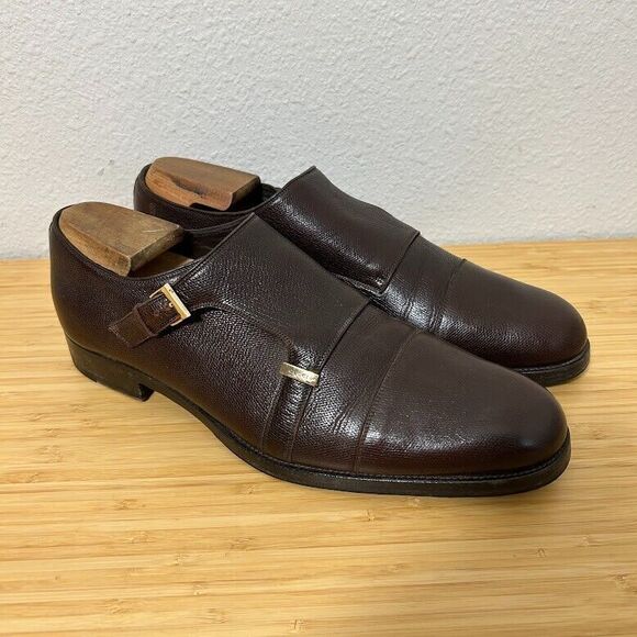 Gucci Double Monk Strap Mens Dress Shoes 9.5 Brown Pebbled Leather - Picture 3 of 15